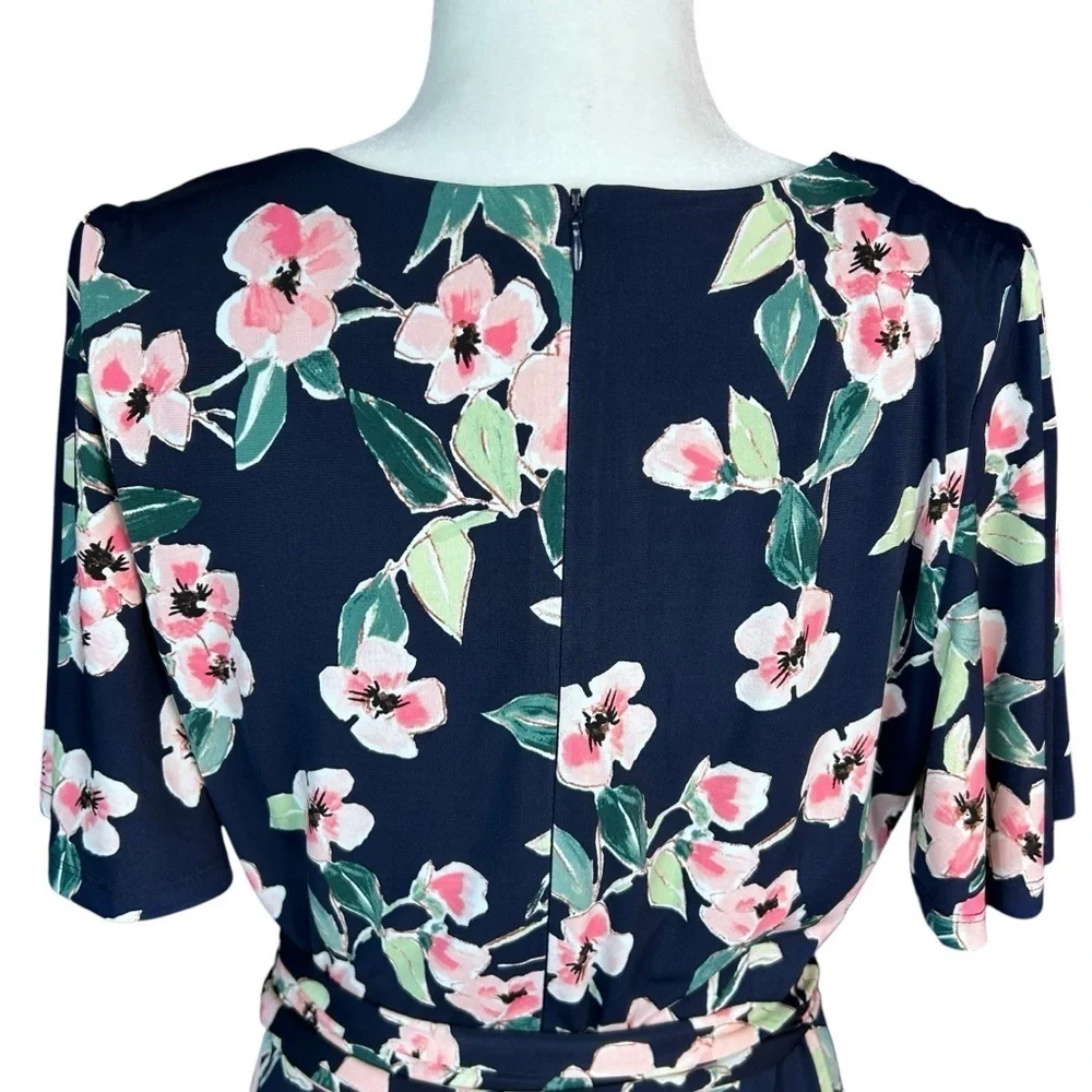 NEW ELIZA J Ditsy Floral Faux Wrap Dress Jersey Knit 12 Surplice Neck Belted
